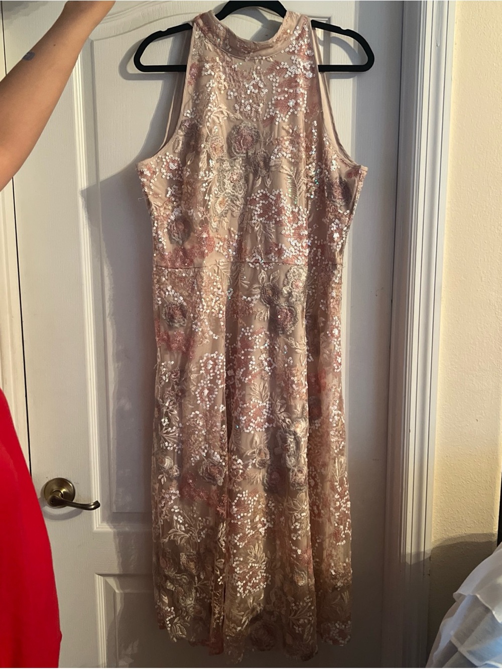 Marina Stunning Sequin Dress in Champagne Size XL w/ Hand Embroidery & Tie Back